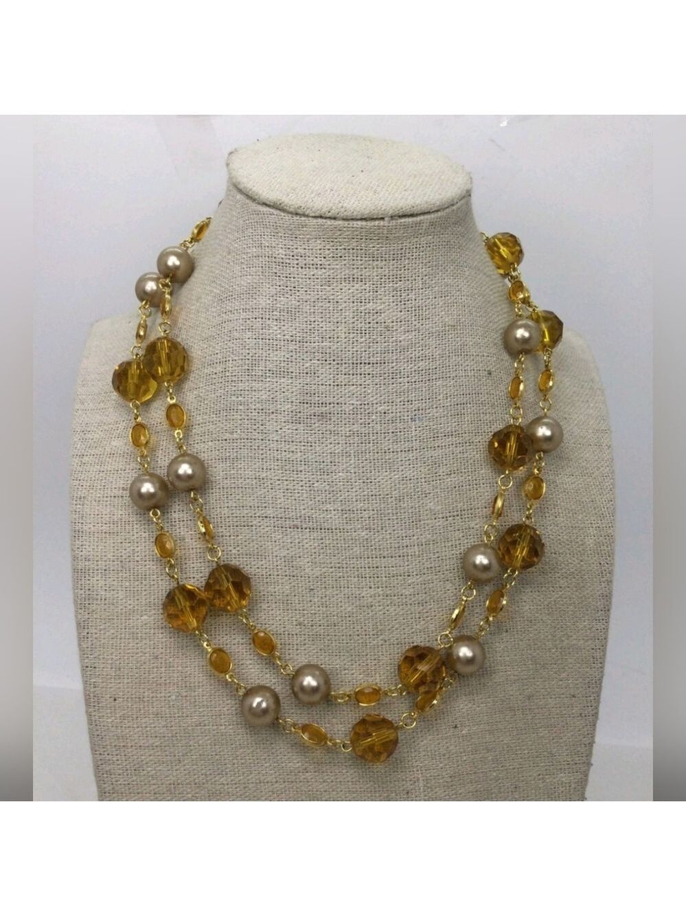 Vintage Joan Rivers Faux Pearl & Crystal Beaded Necklace 32" + 3" EUC
